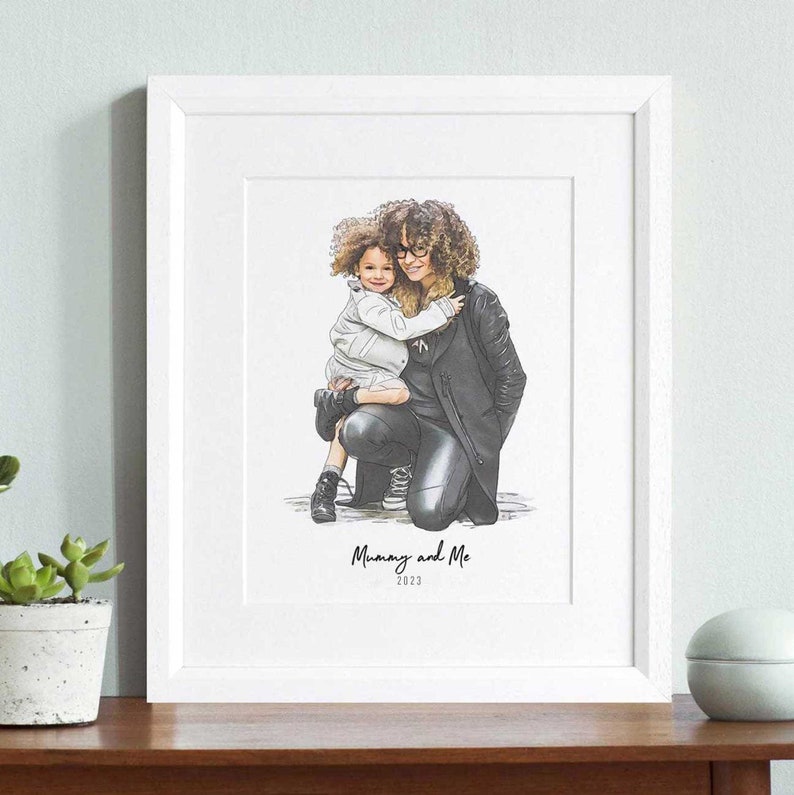 First Mother's Day Gift Mom & Baby Portrait Hand drawn Family Illustration Personalized Gift Mother's Day Print + White Frame