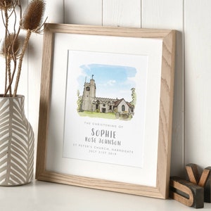 Watercolour Christening Venue Illustration, Custom Baptism Sketch, Beautiful Personalised New Baby Gift, Celebration of Naming Wall Art