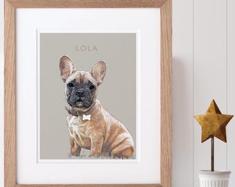 Aangepaste aquarel huisdierportret van een hond met kleurblokachtergrond, gepersonaliseerde cadeau-illustratie voor huisdierliefhebbers en hondenbezitters