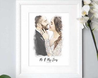 Bride and Groom Watercolour Portrait Perfect Birthday present for Couples Anniversary Illustration Hand Drawn Gift Ideas for Weddings