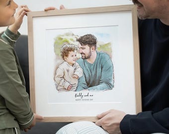 Gepersonaliseerde papa en ik portret aquarel illustratie | Aangepast Vaderdagcadeau