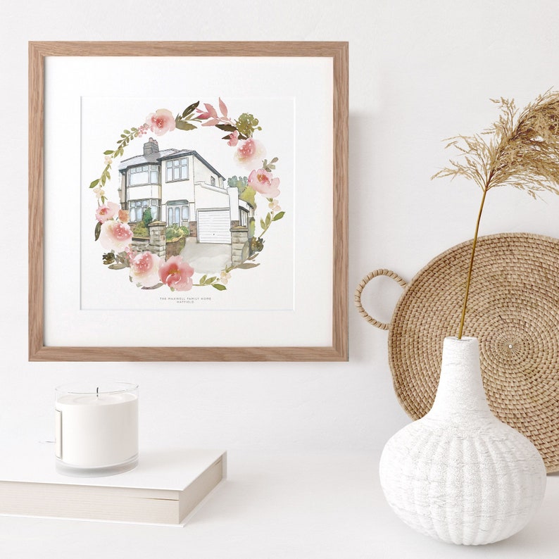Watercolour Flower Wreath House Sketch, Personalised New Home Art, Housewarming Illustration Gift, Wall Art & Decor, Personalized Gift image 2