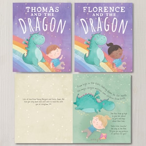 May include: A personalized children's book cover with a green dragon and a child. The book title is "Thomas and the Dragon". The cover is purple with a rainbow.