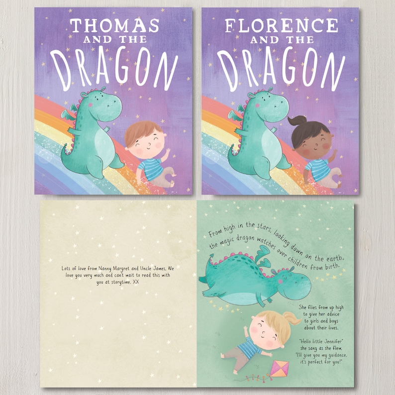 May include: A personalized children's book cover with a green dragon and a child. The book title is "Thomas and the Dragon". The cover is purple with a rainbow.