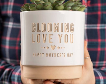 Blooming Love You Mother's Day Hand Engraved Indoor Ceramic Flower Herb Pot Present for Mummy Gift Idea for Mum Mom Nan