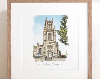 Personlized Watercolour Wedding Church Sketch Illustration Perfect Gift for Bridal Couple Christening Present Ideas Venue Gifts Painting