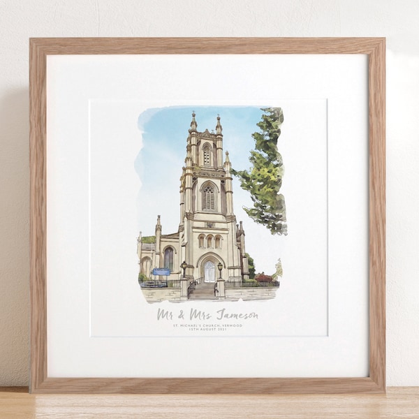 Personlized Watercolour Wedding Church Sketch Illustration Perfect Gift for Bridal Couple Christening Present Ideas Venue Gifts Painting