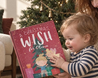 May include: A hardcover book titled A Christmas Wish for Olivia with a red cover featuring a green Christmas tree, colorful gift boxes, and illustrations of two children. The text is printed in white and gold, with the brand name Letterfest.