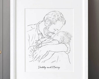 Daddy and me Personalised Pencil Line Drawing Hand Drawn Wall Art  Father's Day Wedding Sketch Gifts Illustration for him Sketch Print