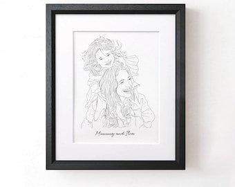 Mummy and me Personalised Pencil Line Drawing Hand Drawn Wall Art  Mother's Day Wedding Sketch Gifts Illustration for her Sketch Print