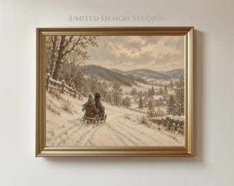 Vintage Sled Riding Print, Antique Winter Village Wall Art, Digital Download