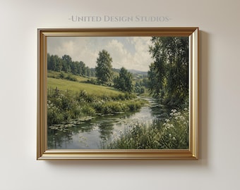 River Landscape Print, Vintage Countryside Painting, Moody Green Wall Art, Digital Download