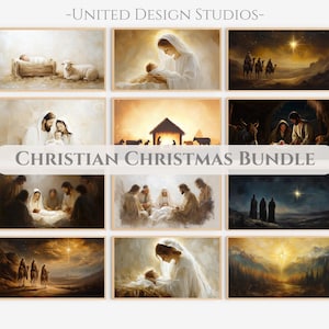 May include: A collection of framed Christian Christmas art prints. The images depict scenes from the Nativity, including the birth of Jesus, the visit of the wise men, and the Holy Family. The text "CHRISTIAN CHRISTMAS BUNDLE" is displayed.