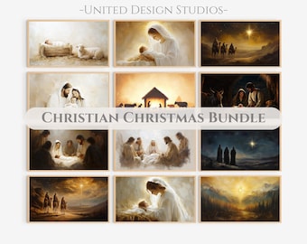 May include: A collection of framed Christian Christmas art prints. The images depict scenes from the Nativity, including the birth of Jesus, the visit of the wise men, and the Holy Family. The text "CHRISTIAN CHRISTMAS BUNDLE" is displayed.