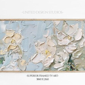 Textured Floral Frame TV Art, Soft Neutral Abstract Flowers in Pastel Beige and Blue, Impressionist Botanical Painting for TV Display