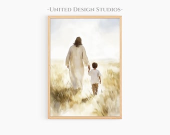 Jesus Walking With A Young Boy Printable Art, Christian Artwork of Jesus With Children, Modern Christian Art, Jesus Painting, Jesus Art