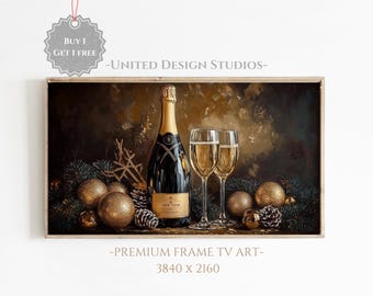 Moldura de TV para véspera de Ano Novo, brinde de champanhe de Ano Novo, moldura de TV para celebração de NYE, pintura em estilo vintage com bebidas mal-humoradas, ouro preto e sazonal