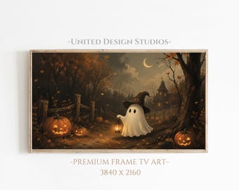 Halloween Frame TV Art, Cute Ghost with Pumpkins, Moody Fall Art, Digital Download