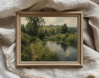 River Landscape Print, Vintage Countryside Painting, Moody Neutral Wall Art, Digital Download