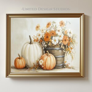 Pumpkin and Fall Floral Painting, Neutral Autumn Bouquet in Rustic Tones, Cozy Harvest Still Life with Flowers, Printable Wall Art