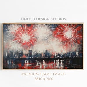 Patriotic Frame TV Art, Red White and Blue Fireworks over City Skyline, Nighttime Celebration Scene, Festive Digital TV Art Download