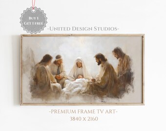 Pode incluir: Uma pintura que retrata um grupo de pessoas reunidas em torno de um bebê deitado em um pano branco. As pessoas estão vestidas com túnicas compridas e têm um brilho suave e etéreo. A pintura é feita em uma paleta de cores suaves com tons de marrom, branco e beige.