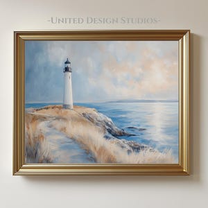 Lighthouse Printable Wall Art, Coastal Cliffside Ocean Painting, Neutral Seascape Art, Summer Lighthouse Artwork Digital Download