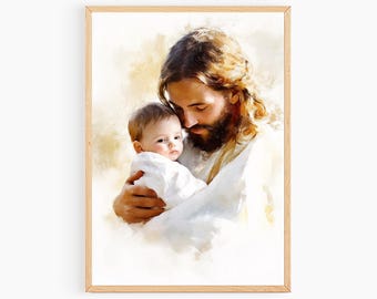Jesus and Child Printable Wall Art, Jesus Holding Baby Painting, Jesus With Children Art, Jesus Art Digital Download, Baptism Gift