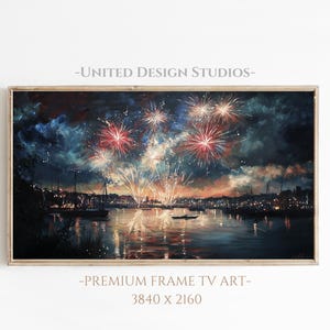 Fourth of July Frame TV Art, Fireworks Over Harbor at Night, USA Independence Day Frame Tv Art, Americana Tv Art Digital Download