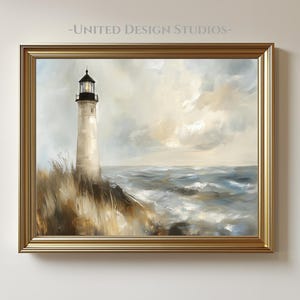 Lighthouse Neutral Painting Printable Wall Art, Coastal Ocean Lighthouse with Neutral Sky, Nautical Landscape Digital Download