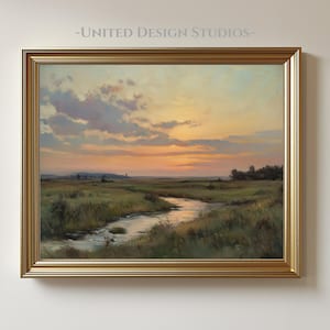 Pode incluir: Uma pintura emoldurada que retrata uma cena de paisagem com um rio serpenteando por um campo ao pôr do sol. O céu é uma mistura suave de rosa, laranja e azul com nuvens fofas. O rio reflete as cores do céu.