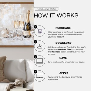 Pode incluir: Um diagrama mostrando as etapas para comprar, baixar, salvar e aplicar uma obra de arte digital. As etapas s&atilde;o numeradas de 1 a 4. A obra de arte &eacute; mostrada em uma moldura no lado esquerdo da imagem. As etapas s&atilde;o mostradas no lado direito da imagem com &iacute;cones e descri&ccedil;&otilde;es de texto.