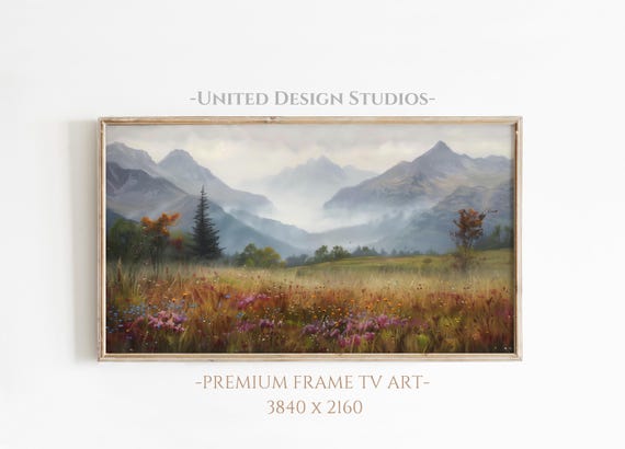 Spring Frame Tv Art, Wildflower Mountain Landscape Painting for the Frame Tv, Beautiful Oil Painting Tv Art, Floral Mountain Art, Digital