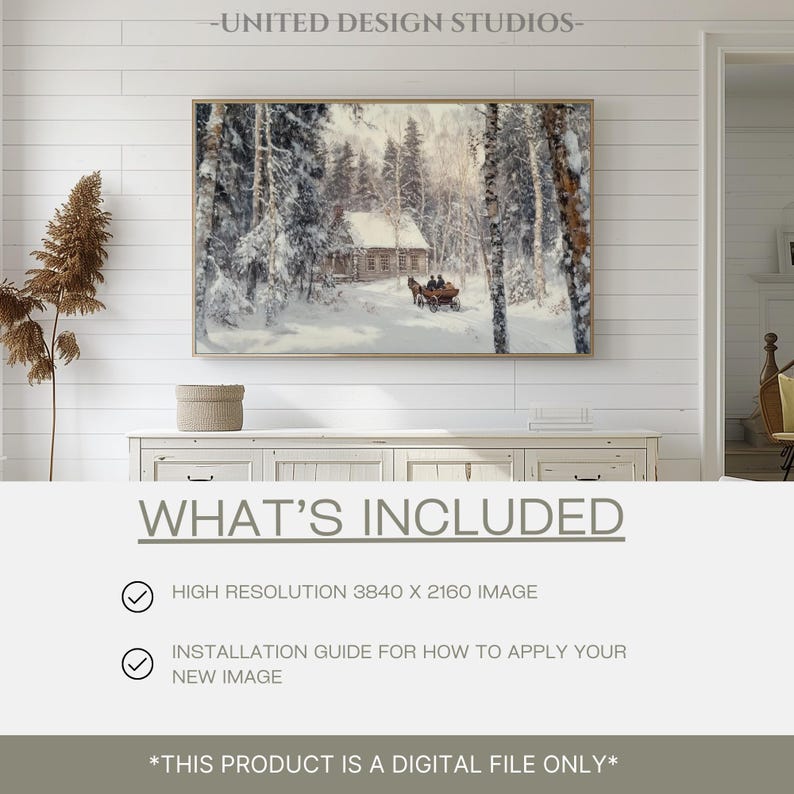 May include: A digital download of a high-resolution image featuring a snowy winter scene with a small cabin in the woods. The image is 3840 x 2160 pixels and includes an installation guide for applying the image.
