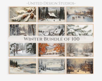 May include: A collection of framed winter landscape art prints. The prints depict snowy scenes with cabins, trees, and figures. The text "Winter Bundle of 100" is displayed across the center of the image. The top of the image has the text "-UNITED DESIGN STUDIOS-".