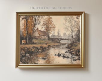 May include: A framed landscape print featuring a serene countryside scene. The artwork depicts a river flowing under a stone bridge, with a house and trees in the background. A cow grazes near the riverbank. The frame is gold.