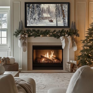 May include: A cozy living room with a fireplace, a Christmas tree, and a framed winter scene painting above the mantle. The fireplace is lit and there are stockings hung on the mantle. The room is decorated with a garland of greenery and lights.