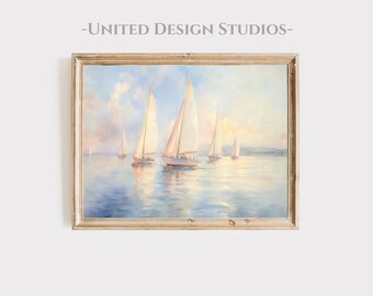 Watercolor Coastal Printable Wall Art, Nautical Sailboats on Ocean, Summer Beach House Decor, Pastel Sailing Scene Digital Art