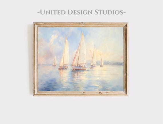 Watercolor Coastal Printable Wall Art, Nautical Sailboats on Ocean, Summer Beach House Decor, Pastel Sailing Scene Digital Art