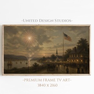 May include: A framed vintage painting shows a night scene with fireworks, an American flag, and a town. The artwork features a river, boats, and a crowd of people. Text on the frame reads "UNITED DESIGN STUDIOS" and "PREMIUM FRAME TV ART - 3840 x 2160".