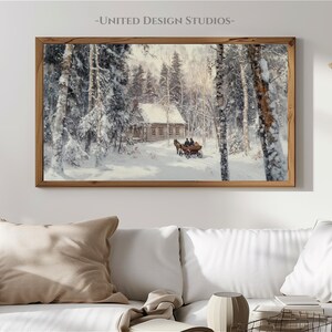 May include: A painting of a snowy forest scene with a small wooden cabin in the distance. A horse-drawn carriage with two people inside is traveling through the snow-covered path. The trees are covered in snow and the sky is a light blue.