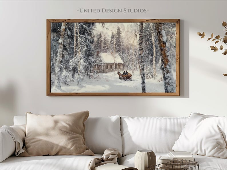 May include: A painting of a snowy forest scene with a small wooden cabin in the distance. A horse-drawn carriage with two people inside is traveling through the snow-covered path. The trees are covered in snow and the sky is a light blue.
