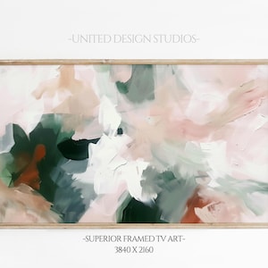 May include: Abstract painting in a wooden frame with shades of pink, white, green, and brown. The painting is titled "SUPERIOR FRAMED TV ART" and the dimensions are 3840 x 2160.