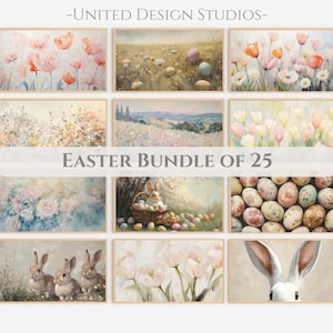 Puede incluir: Un conjunto de 25 impresiones de arte digitales imprimibles con temas de Pascua. Las impresiones incluyen imágenes de flores, huevos, conejos y otras imágenes con temática primaveral. Las impresiones son perfectas para agregar un toque de primavera a la decoración de tu hogar.