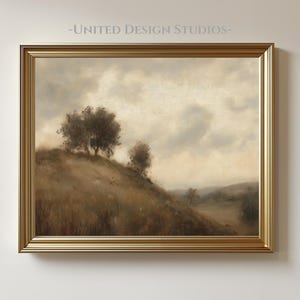 Fall Landscape Wall Art, Muted Autumn Field with Trees and Overcast Sky, Neutral Rustic Scene in Earth Tones, Printable Wall Art Download
