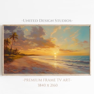Summer Frame TV Art, Coastal Beach Sunset with Palm Trees, Golden Hour Ocean Landscape, Tropical Frame Tv Art Digital Download