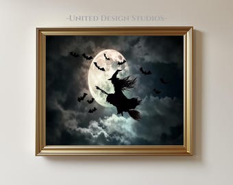 Halloween Hexe fliegen Wand Kunst Druck, gruselige Halloween Kunst, Witchy Kunst digitaler Download, Vollmond Fledermaus Szene, Gruselige Hexe Wand Dekor