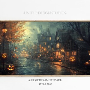 May include: A digital painting of a spooky Halloween town with cobblestone streets, lit by street lamps and jack-o-lanterns. The houses are dark and mysterious, with pointed roofs and windows glowing with warm light. The scene is set on a rainy night, with puddles reflecting the lights.