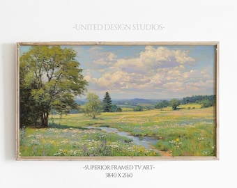 Country Summer Landscape Frame TV Art, Vintage Spring Scenery Landscape Screensaver, Blue Sky Colorful Wildflower Green TV Decor