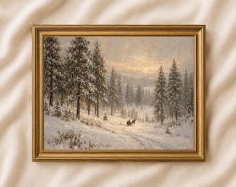 Vintage Winter Sleigh Print, Neutral Snowy Forest Wall Art, Digital Download